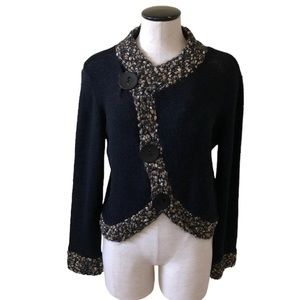 Anthropologie Curio oversized button black knit boucle contrast trim Sweater